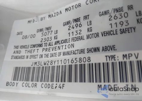 2001 Mazda Mpv Dx/Es/Lx z USA, uszkodzony, nr VIN JM3LW28Y110165808